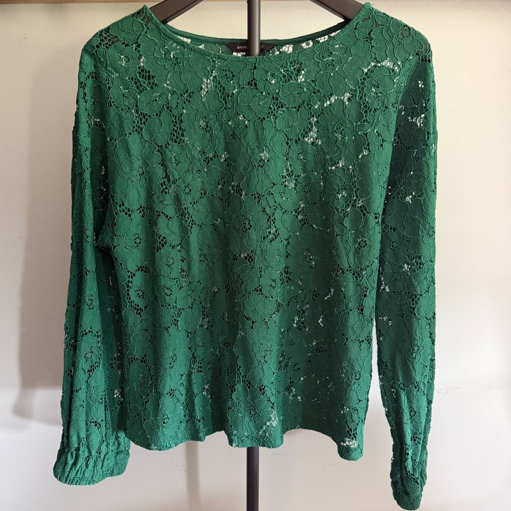 Banana Republic Lace Blouse Womens Large Green Floral Sheer Victorian Boho Chic